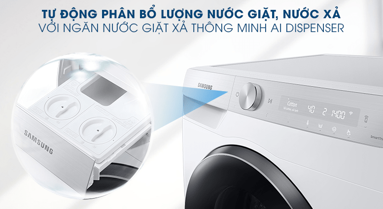 Máy giặt Samsung 9kg AI Inverter WW90TP44DSH/SV 10 Ngăn nước giặt xả thông minh AI Dispenser tự động phân bổ lượng nước giặt, xả