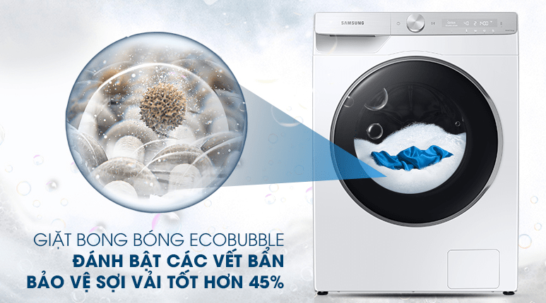 Máy giặt Samsung 9kg AI Inverter WW90TP44DSH/SV 12 Công nghệ giặt bong bóng EcoBubble giúp hoà tan bột giặt, bảo vệ sợi vải tốt hơn 45%