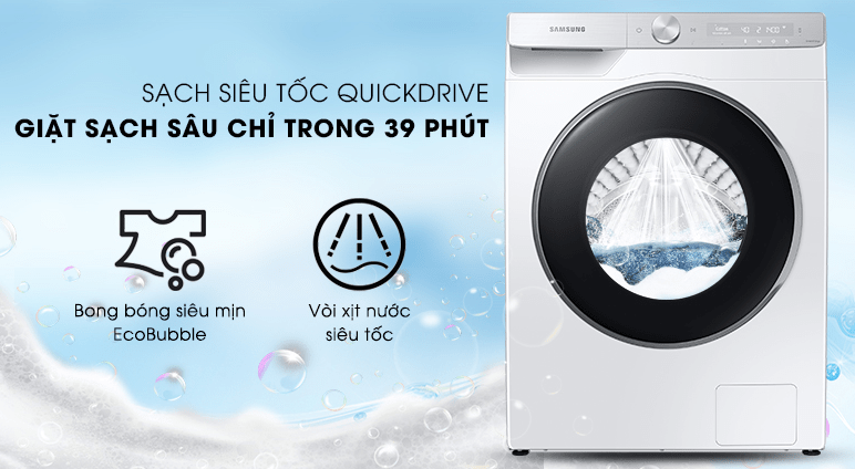 Máy giặt Samsung 9kg AI Inverter WW90TP44DSH/SV 9 Công nghệ giặt sạch siêu tốc QuickDrive trên máy giặt Samsung WW90TP44DSH/SV