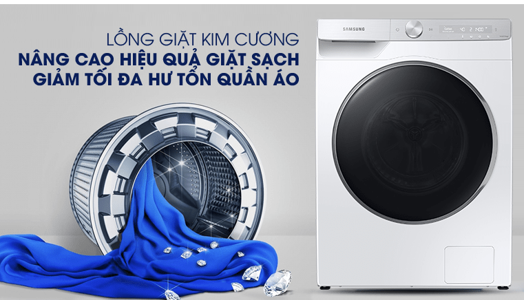 Máy giặt Samsung 9kg AI Inverter WW90TP44DSH/SV 14 Lồng giặt kim cương nâng cao hiệu quả giặt sạch, giảm hư tổn quần áo