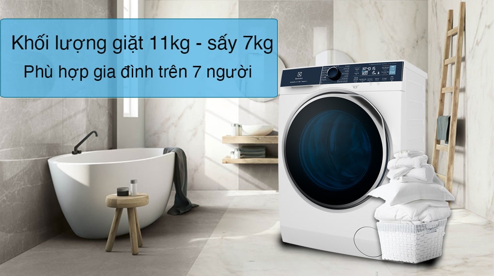 Máy giặt sấy Electrolux Inverter 11 kg EWW1142Q7WB 12 Khối lượng giặt 11kg, phù hợp gia đình nhiều thành viên (trên 7 người)