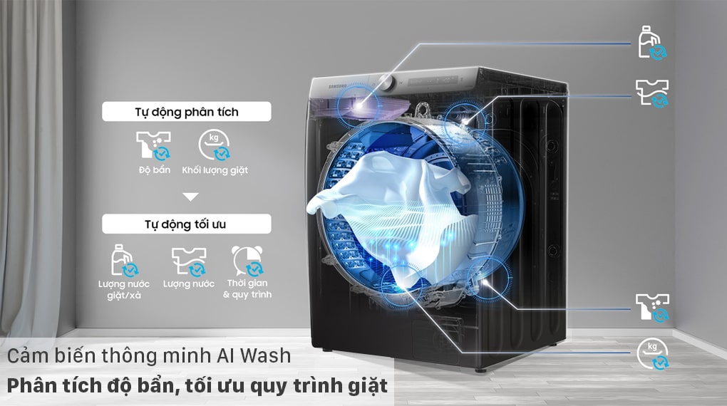 Máy giặt sấy Samsung inverter 21kg WD21T6500GV/SV 8 Cảm biến giặt AI Wash giúp phân tích độ bẩn, tối ưu hóa quy trình giặt