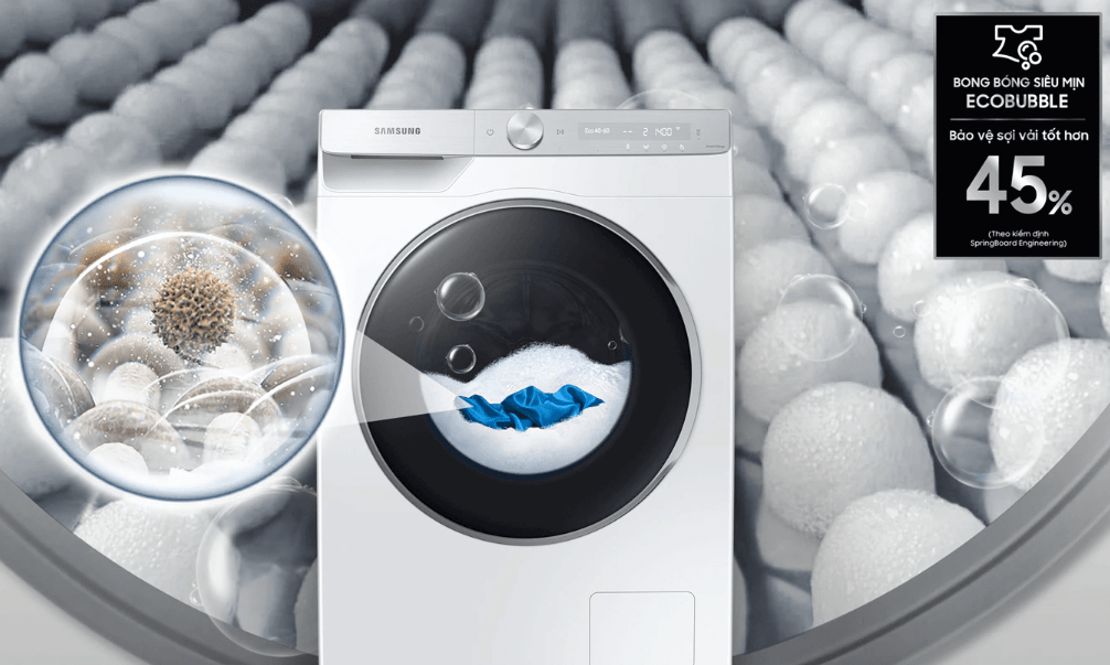 Giặt sạch sâu, bảo vệ áo quần tốt hơn 45% với bong bóng siêu mịn Eco Bubble™