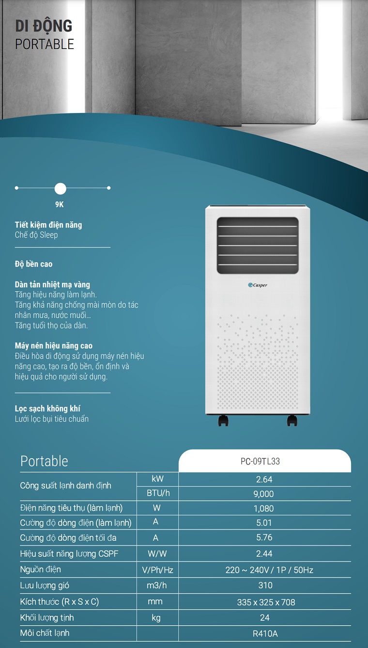 Máy lạnh di động Casper PC-09TL33 7 3. Điều hoà di động Casper công nghệ mới nhất của Thái Lan.