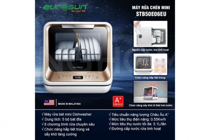 Máy rửa bát 5 bộ mini Eurosun STB50E06EU 5 2. Các chức năng an toàn độc lập, tiêu chuẩn Châu Á, 8 chương trình rửa