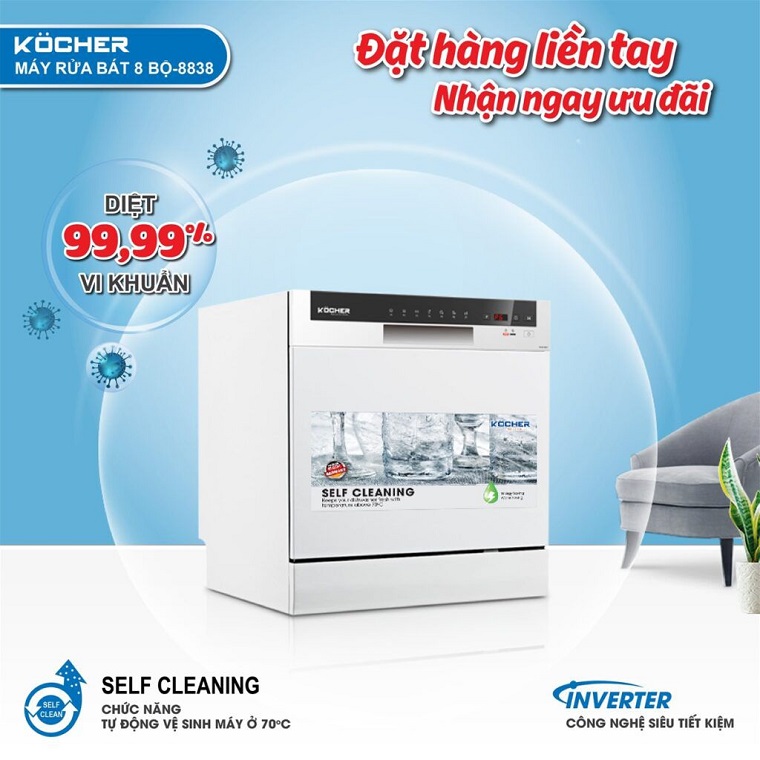 Máy rửa bát Kocher KDEU-8838 (8 bộ) 8 may rua bat kocher kdeu 8838 6 3