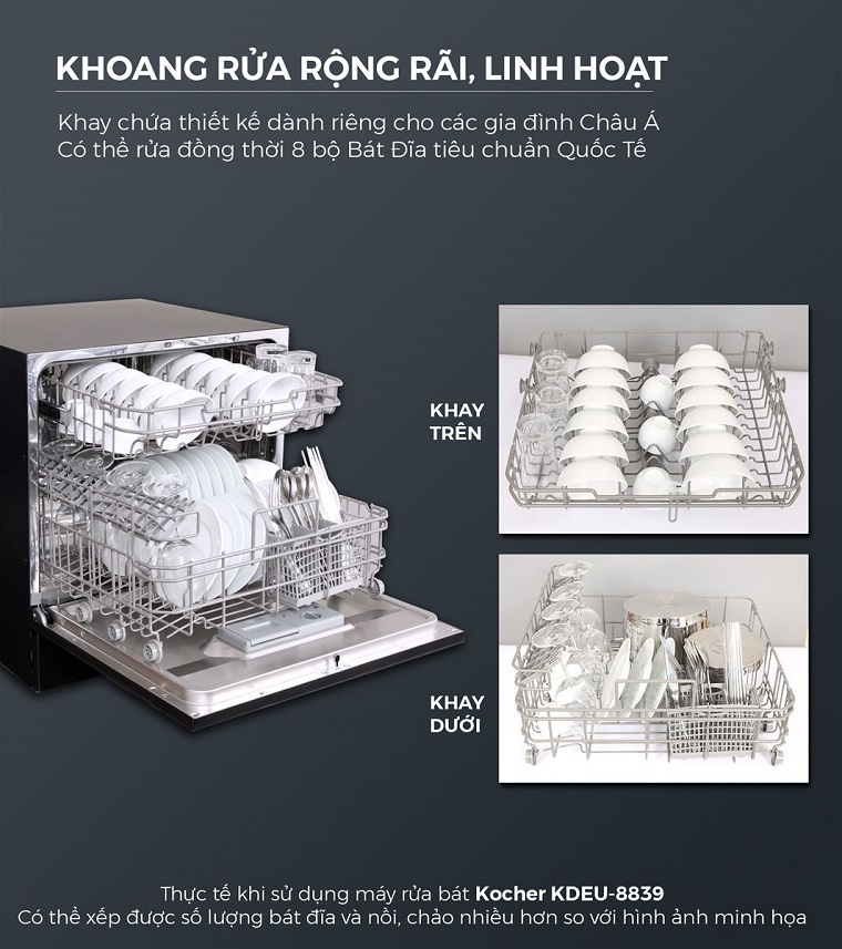 2. Khoang chứ đồ rộng rãi, linh hoạt của máy rửa bát Kocher KDEU-8839.
