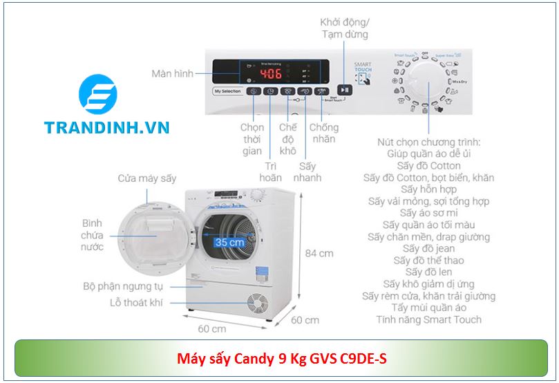 Hình ảnh tổng quan của máy sấy Candy 9 Kg GVS C9DE-S