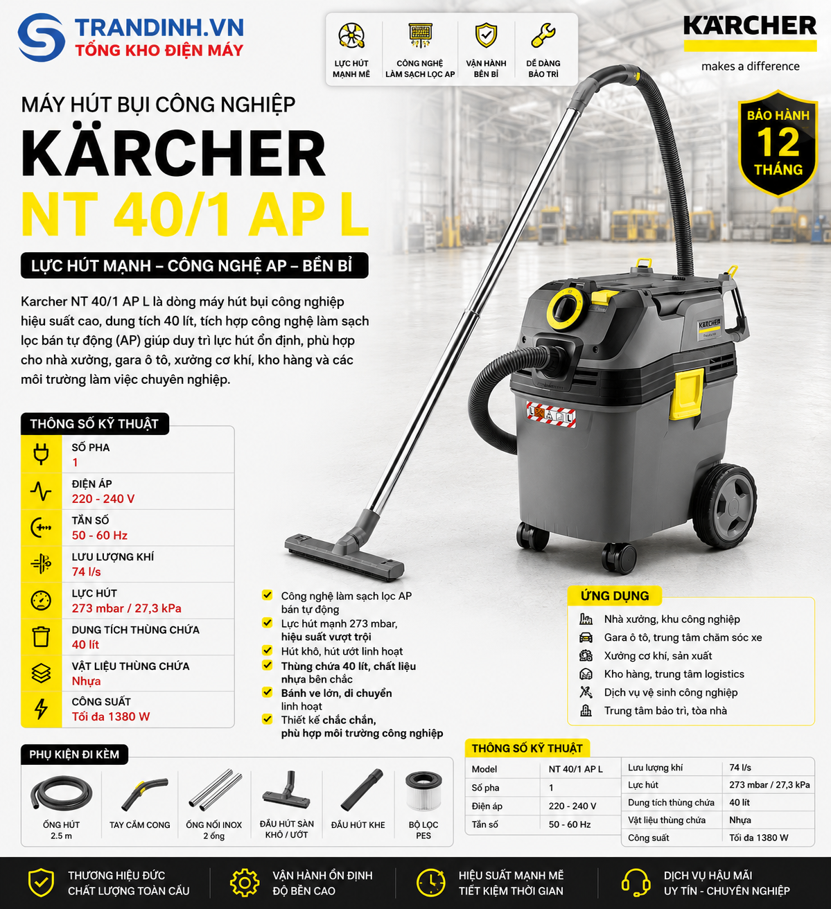 Máy hút bụi khô và ướt Karcher NT 40/1 Ap L