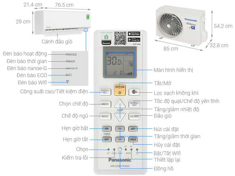Điều hòa Panasonic YZ12AKH-8 inverter 2 chiều 12000BTU 1 Thông số kĩ thuật của Điều hoà Inverter Panasonic Công suất 12000BTU YZ12AKH-8