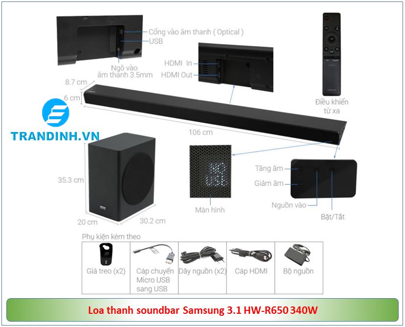 Loa thanh soundbar Samsung 3.1 HW-R650 7 Tổng quan sản phẩm Loa thanh soundbar Samsung 3.1 HW-R650