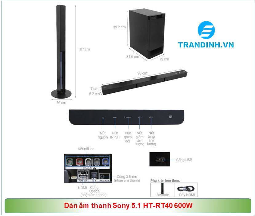 Cấu tạo sản phẩm dàn âm thanh Sony 5.1 HT-RT40 600 W