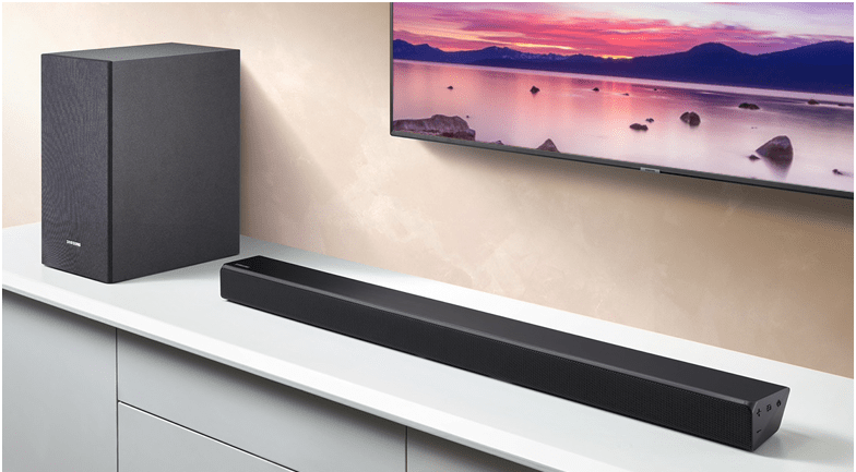 Loa thanh soundbar Samsung 2.1 HW-R550 6 Loa thanh Samsung HW-R550 có kiểu dáng hiện đại, đường nét phong cách