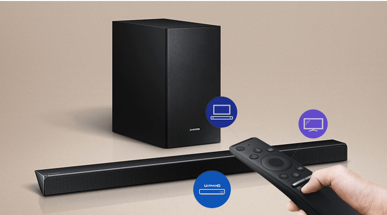 Loa thanh soundbar Samsung 2.1 HW-R550 11 rang bị điều khiển nhỏ gọn thông minh, giúp bạn điều khiển dễ dàng nhanh chóng