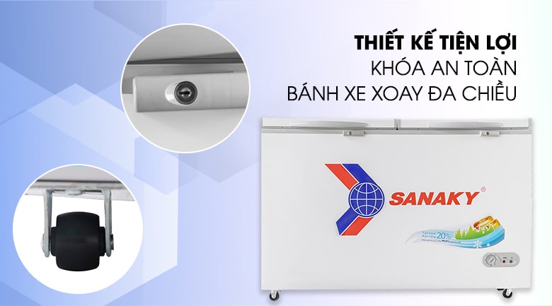 Khoá an toàn và bánh xe đa chiều tiện lợi trên tủ đông VH-5699HY