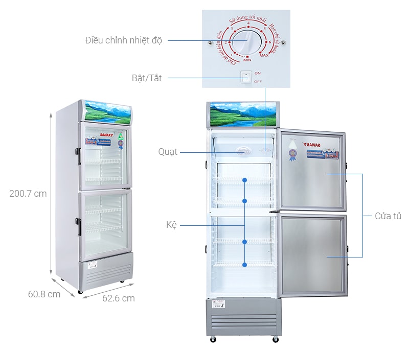 1. Phác hoạ tổng quát tủ mát Sanaky 340 lít TM.VH408WL 