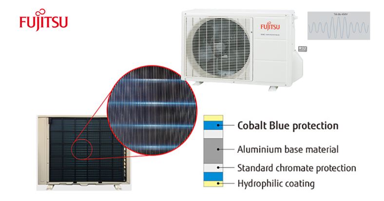 7. Dàn nóng điều hòa Fujitsu AG18CPTA-V lớp sơn phủ bảo vệ màu xanh cao cấp chống ăn mòn bụi bẩn.