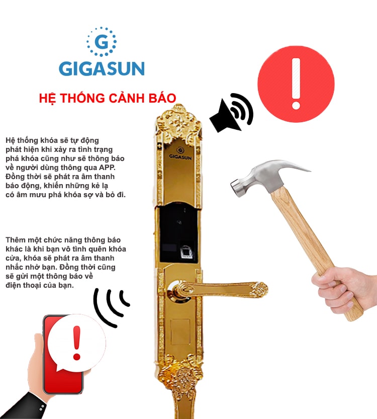 3. Hệ thống cảnh báo thông minh trên khoá cửa Gigasun X1G