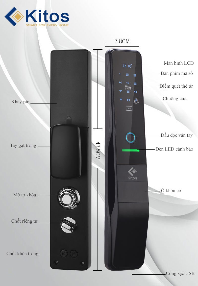 1. Phác hoạ tổng quát khoá cửa vân tay Kitos KT-P830