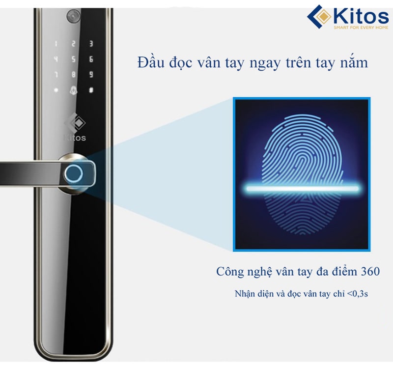 5. Khoá vân tay Kitos KT-X3 sở hữu công nghệ vân tay đa điểm 360 chính xác, an toàn tuyệt đối
