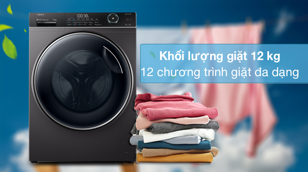 Máy giặt Aqua Inverter 12 kg AQD-A1200H PS - Khối lượng giặt 12 kg, trang bị 12 chương trình giặt đa dạng Máy giặt Aqua Inverter 12 kg AQD-A1200H PS - Khối lượng giặt 12 kg, trang bị 12 chương trình giặt đa dạng