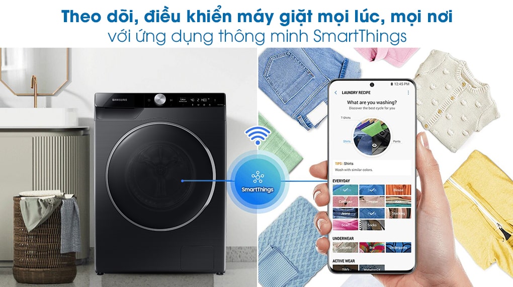 Máy giặt Samsung inverter 10kg WW10TP44DSB/SV 8 Ứng dụng SmartThing kết nối điện thoại tiện ích trên máy giặt WW10TP44DSB