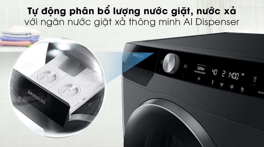 Máy giặt Samsung inverter 10kg WW10TP44DSB/SV 10 Ngăn nước giặt xả AI Dispenser giúp phân bổ nước giặt xả tối ưu