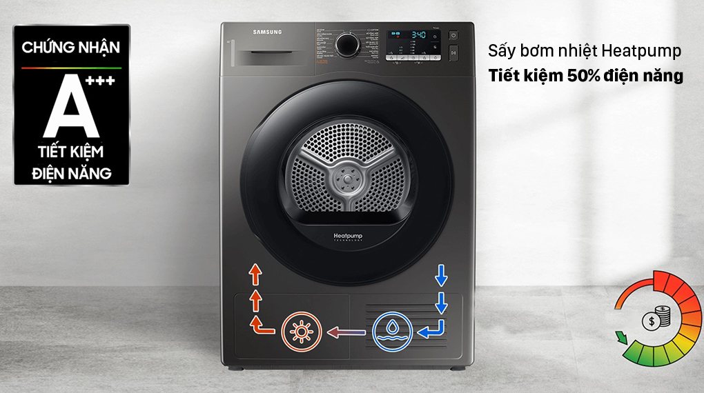 Máy sấy bơm nhiệt Samsung 9Kg DV90TA240AX/SV 8 Máy sấy bơm nhiệt Samsung 9Kg DV90TA240AX/SV với công nghệ sấy bơm nhiệt Heatpump