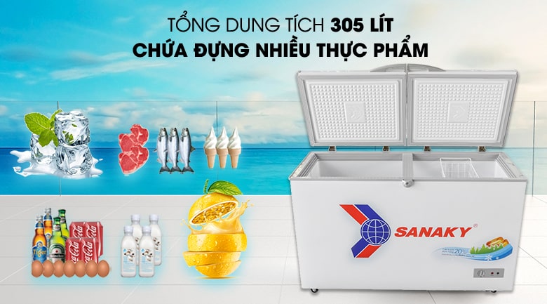 Tủ đông Sanaky VH-4099A1 305 lít 8 Dung tích 305 lít phù hợp để trữ đông nhiều thực phẩm phục vụ kinh doanh, quán ăn gia đình