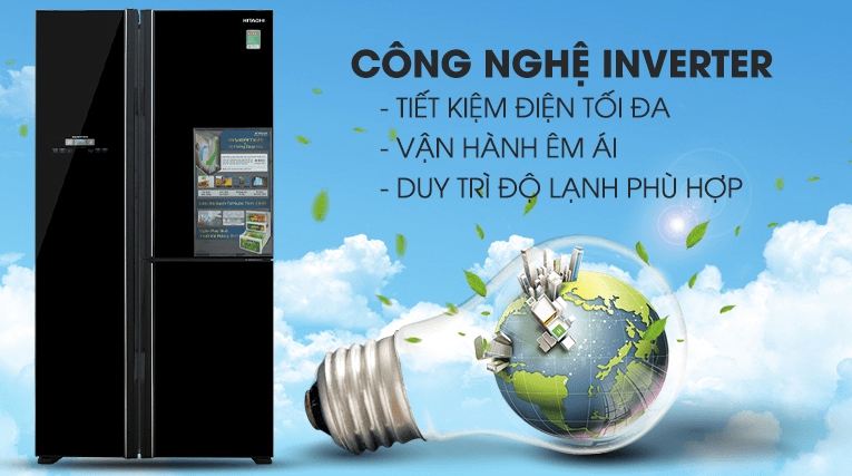 Tủ lạnh Hitachi Inverter 600 lít R-FM800PGV2 GBK Tiết kiệm điện, máy vận hành êm ái nhờ công nghệ inverter