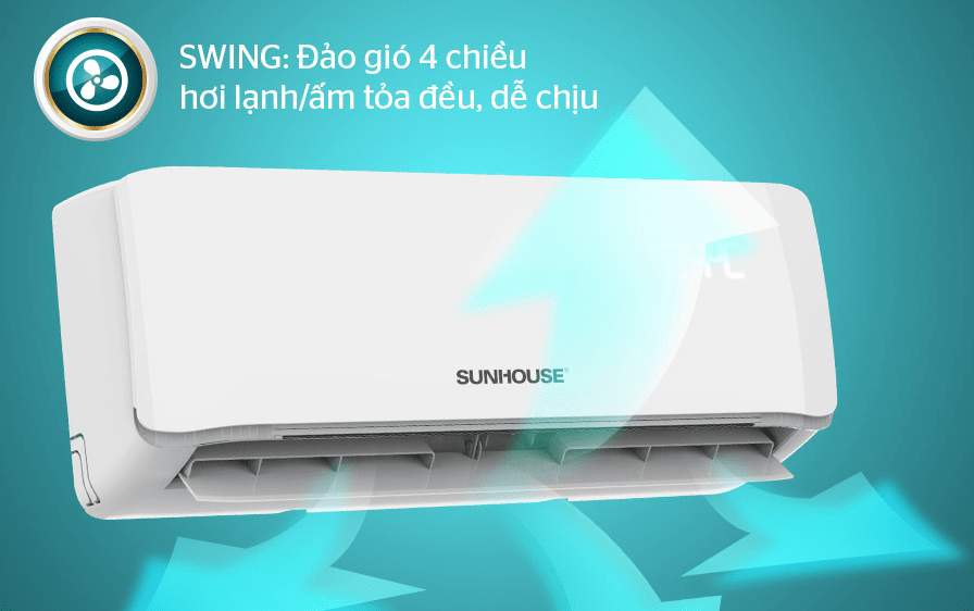 Điều hoà Sunhouse SHR-AW12H310 2 chiều 1.5HP 14 10. Chế độ SWING đảo gió tự động giúp khí lạnh/ hơi ấm tỏa đều khắp phòng với cánh hướng dòng 4 chiều