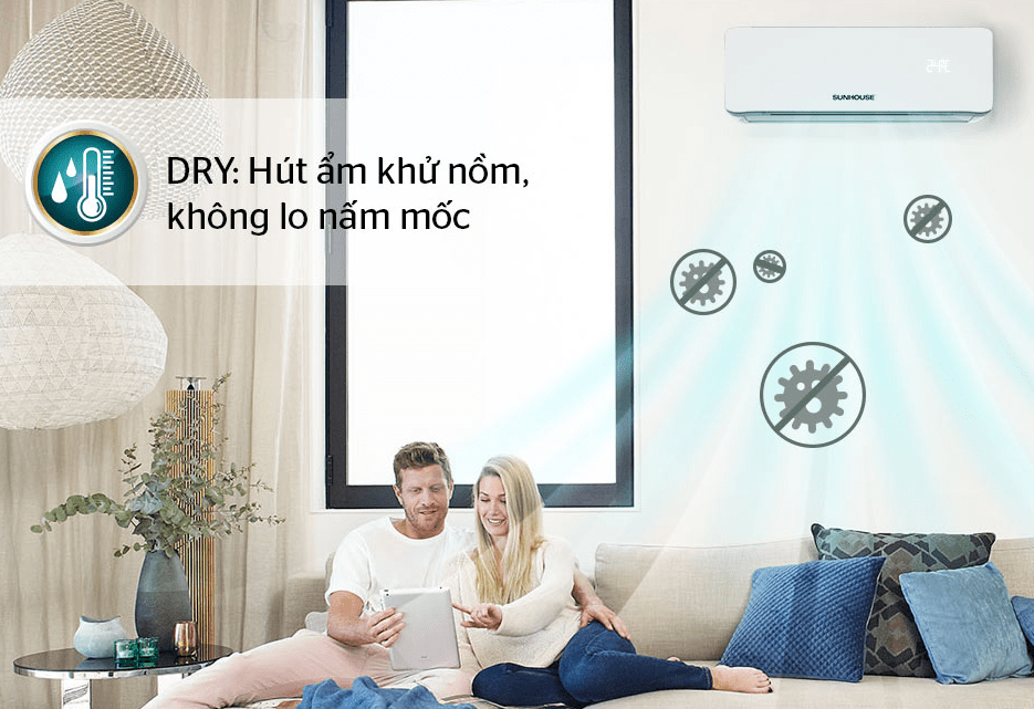 Điều hoà Sunhouse SHR-AW12H310 2 chiều 1.5HP 9 5. Chế độ DRY giúp hút ẩm khử nồm, ngăn chặn nấm mốc sinh sôi trong phòng hiệu quả