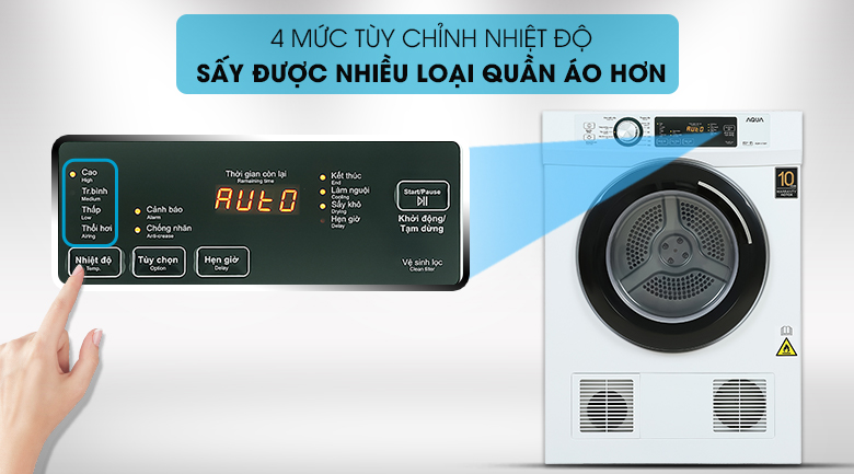 Máy sấy thông hơi Aqua 7 Kg Nhiều mức nhiệt quần áo khác nhau, giúp bảo vệ quần áo một cách tốt nhất.