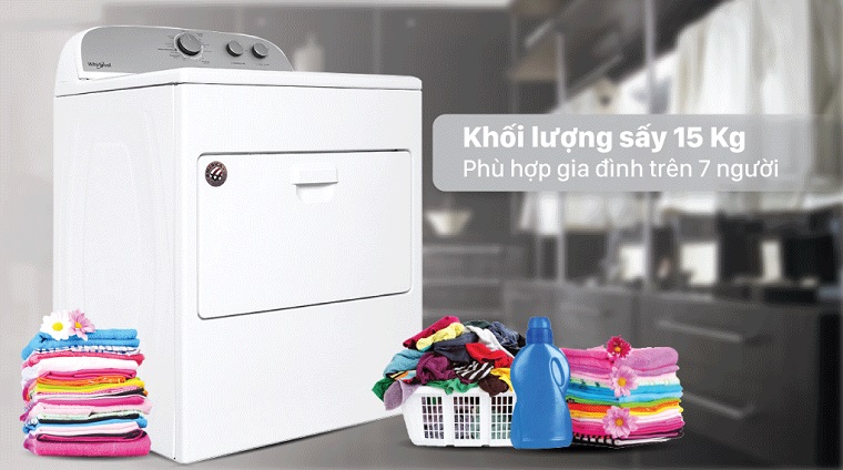 Khối lượng sấy Whirlpool 3LWED4815FW 15 kg phù hợp với gia đình trên 7 thành viên