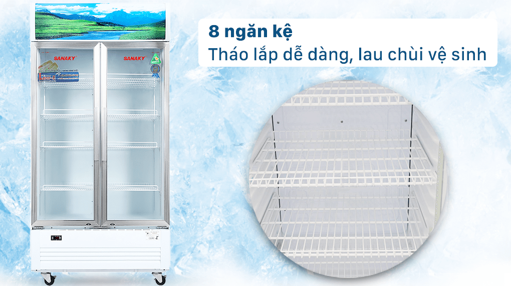 Tủ mát Sanaky 800 lít TM.VH1009HP 6 Cửa tủ làm từ nhựa bọc nhôm trang bị 8 ngăn kệ tháo lắp dễ dàng