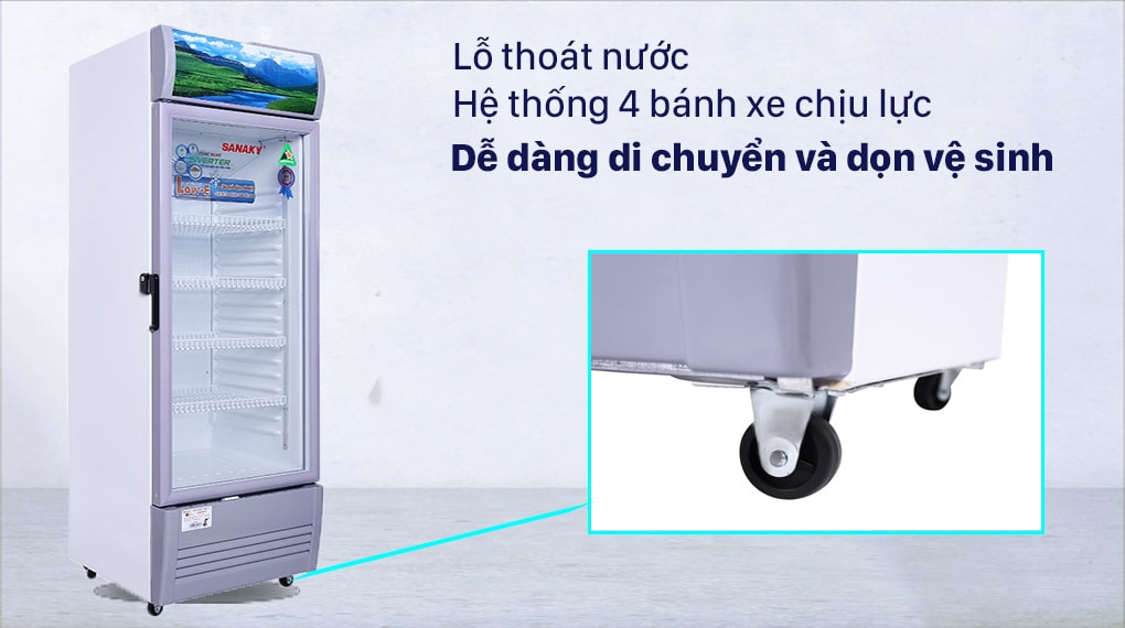 Tủ mát Sanaky inverter 290 lít TM.VH358K3L 11 Hệ thống bánh xe và lỗ thoát nước giúp di chuyển và vệ sinh tủ dễ dàng